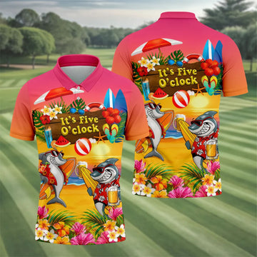 Pink Sunset It's Five O'Clock Beach Shark Golf Polo Shirt, Men's Golf Shirt, Golf Polo Shirts For Men