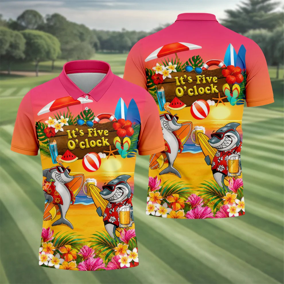 Pink Sunset It's Five O'Clock Beach Shark Golf Polo Shirt, Men's Golf Shirt, Golf Polo Shirts For Men