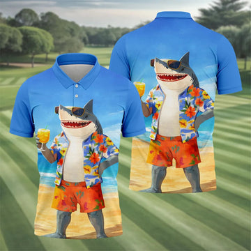 Funny Shark On Tropical Beach Vacation Golf Polo Shirt, Golf Shirts For Men, Hawaiian Golf Shirt