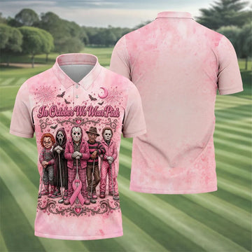 In October We Wear Pink Breast Cancer Horror Characters Golf Polo, Polo Shirts For Men