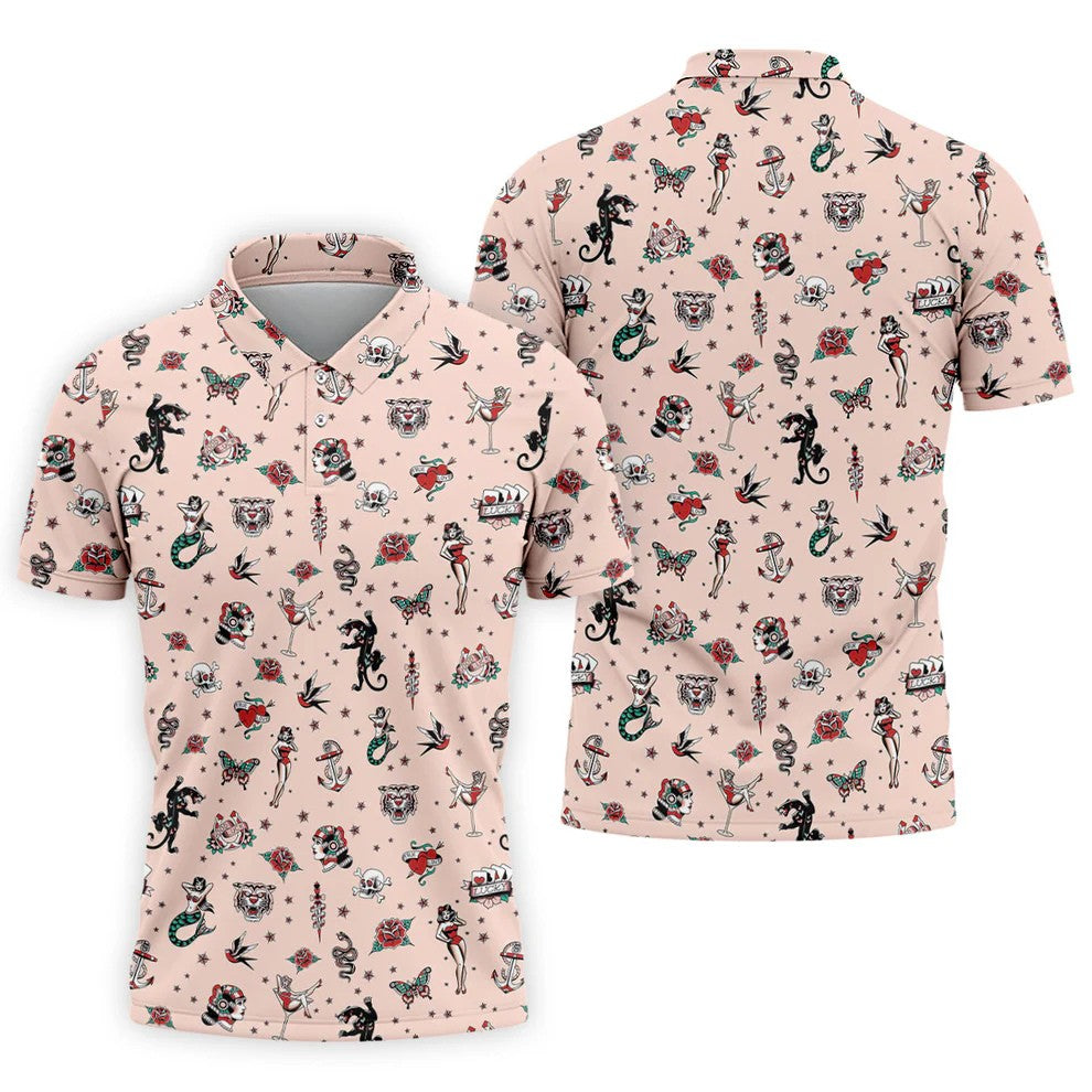 Vintage Tattoo Flash Icon Golf Polo Shirt, Golf Polo Shirts For Men, Mens Golf Apparel