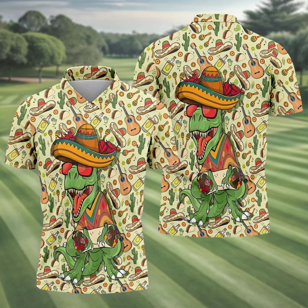 Mexican T-Rex Cinco De Mayo Celebration Funny Golf Shirt, Vibrant Color Golf Shirts For Men