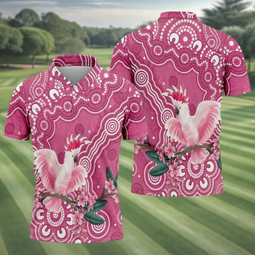 Pink Cockatoo Floral Aboriginal Art Polo Shirt, Hawaiian Golf Shirt, Mens Golf Shirts