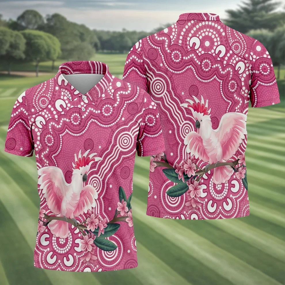 Pink Cockatoo Floral Aboriginal Art Polo Shirt, Hawaiian Golf Shirt, Mens Golf Shirts