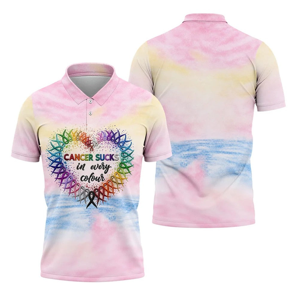 Cancer Sucks In Every Colour Ribbon Heart Polo Shirt, Mens Golf Polo, Mens Polo Shirts
