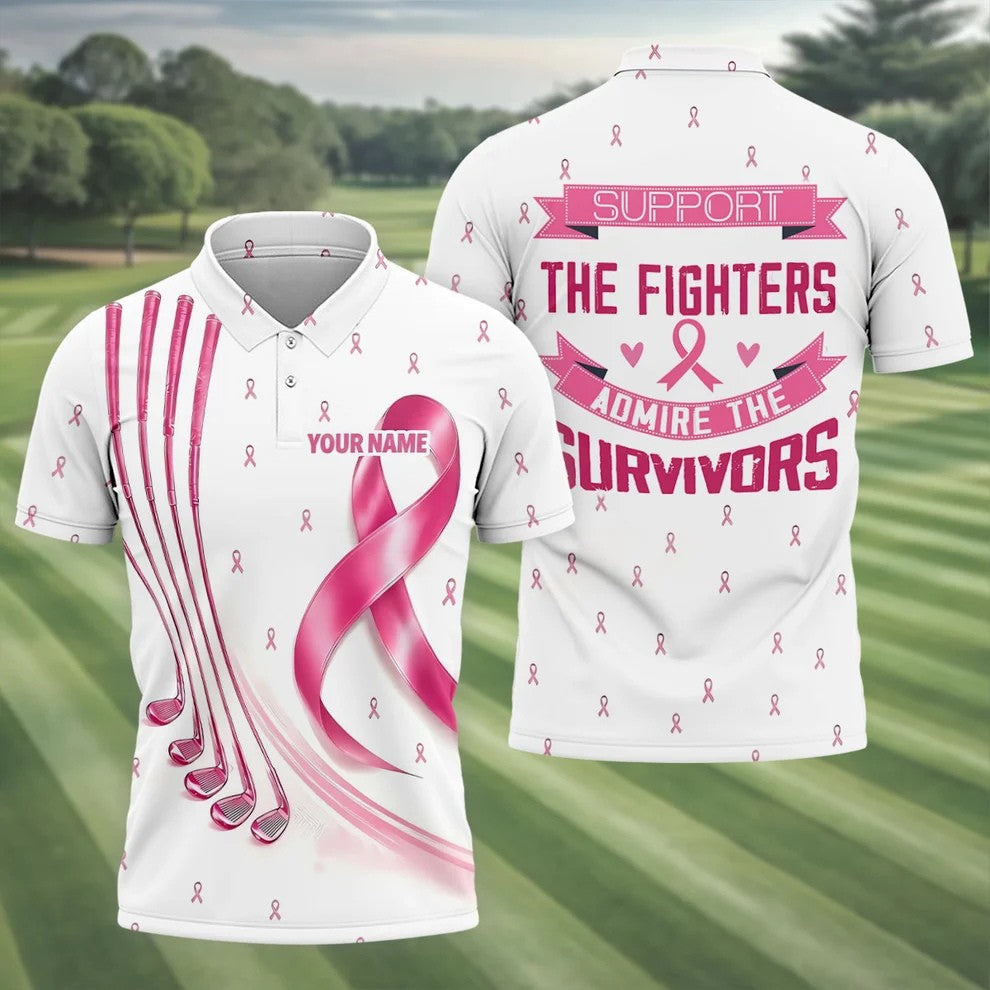 Support The Fighters Custom Pink Ribbon Golf Shirt, Polo Shirts For Men, Mens Golf Shirts