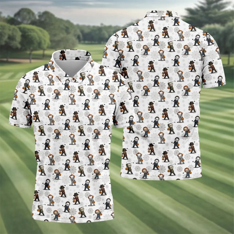 Horror Character Halloween Golf Pattern Polo Shirt, Golf Shirts For Men, Hawaiian Golf Shirt