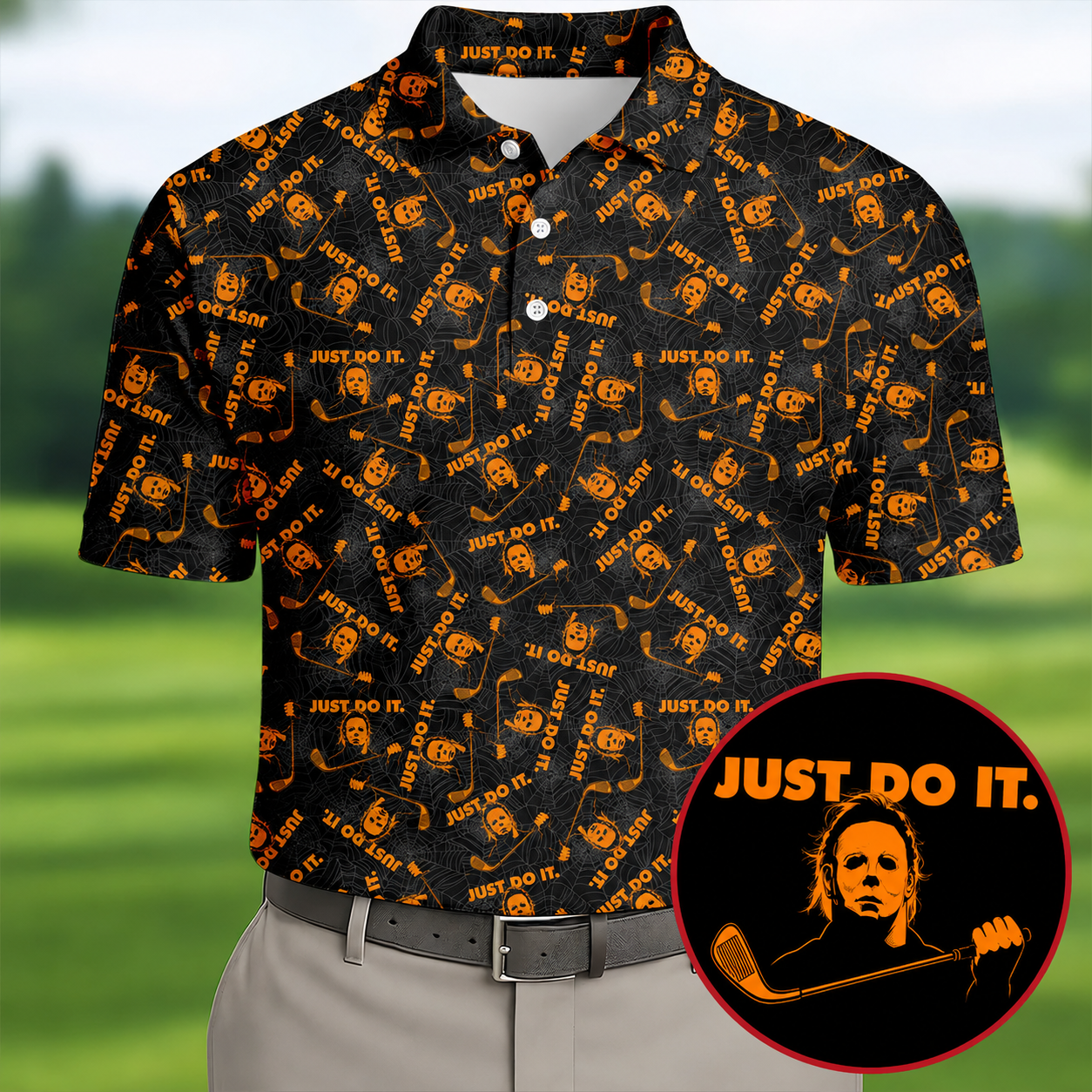 Horror Character Spider Web Pattern Halloween Polo Shirt, Men's Golf Shirt, Hawaiian Golf Shirt