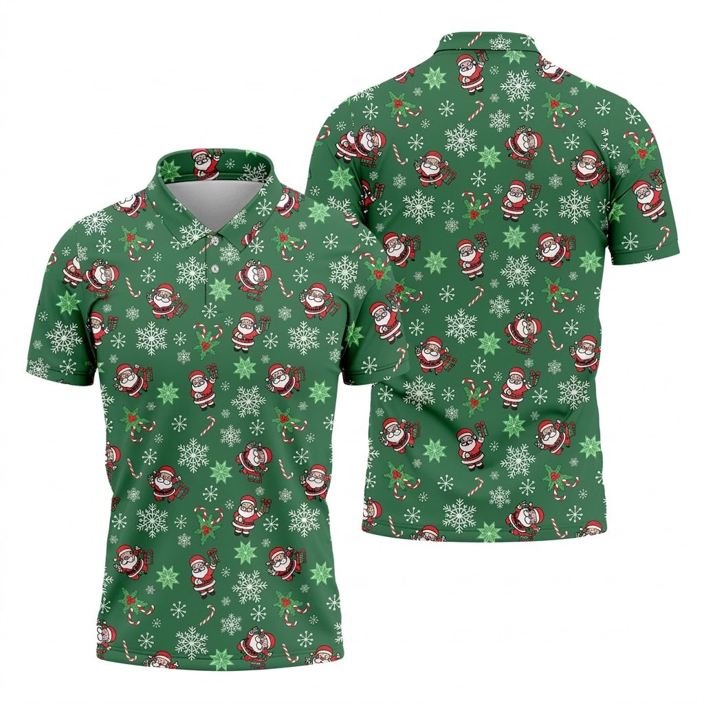 Santa Claus Pattern Christmas Green Golf Tops For Men, Christmas Golf Shirt, Polo Shirts For Men