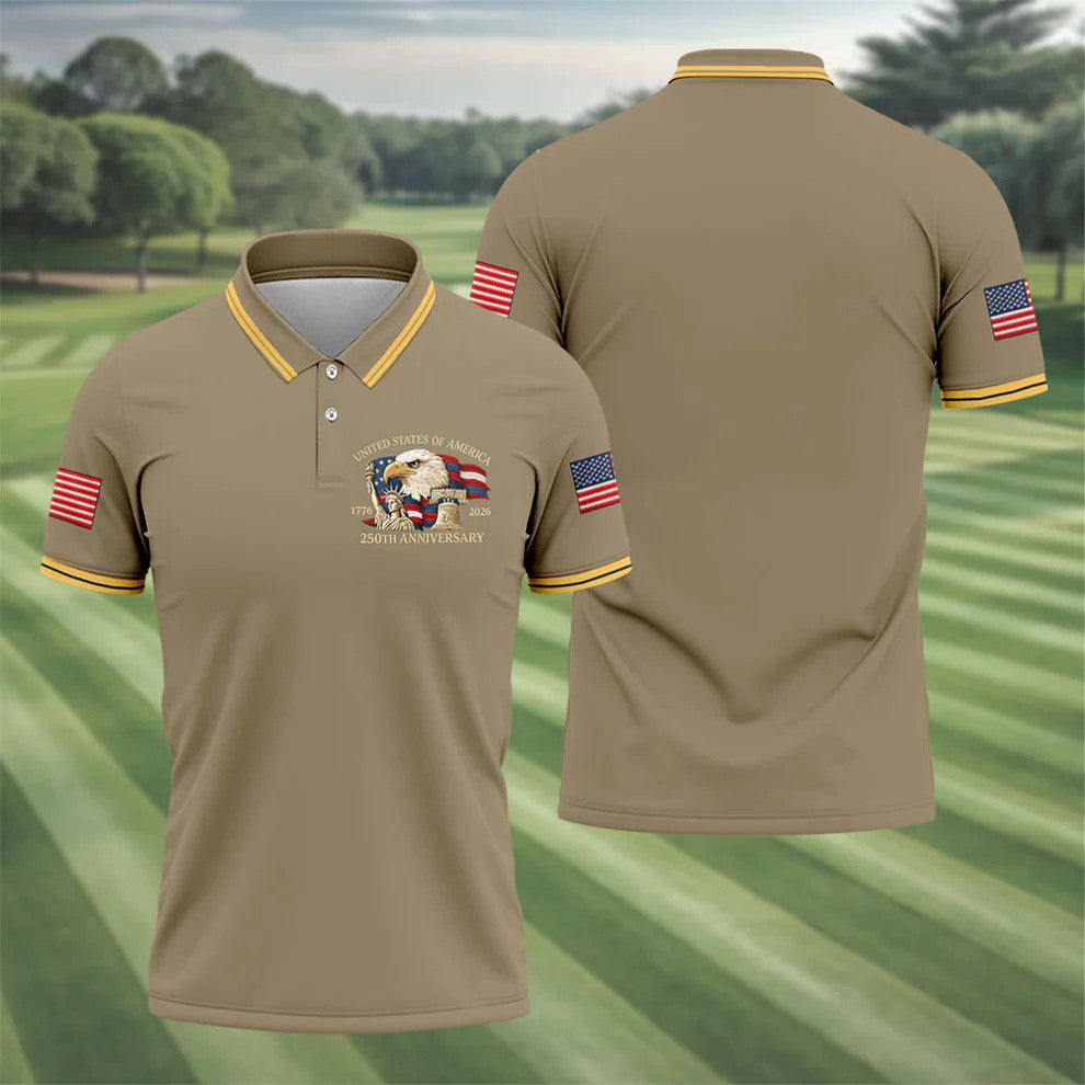 Bald Eagle American Flag 250 Years Sand Golf Shirt, Patriotic 4th Of July Golf Shirts For Men