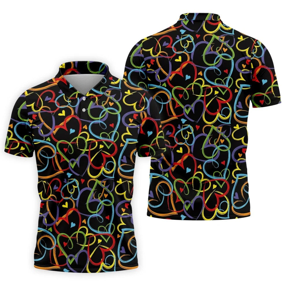 Colorful Heart Outline Pattern Golf Polo Shirt, Golf Polo Shirts For Men, Mens Golf Apparel