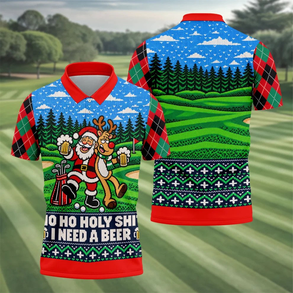 Santa Reindeer Beer Christmas Golf Shirt, Golf Shirts For Men, Mens Golf Apparel