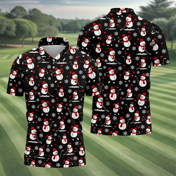 Cute Snowman Golf Pose Black Golf Shirt, Christmas Golf Shirt, Golf Shirts For Men, Golf Gift For Men