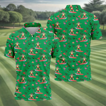 Surfing Santa Tropical Beach Golf Polo Shirt, Christmas Golf Shirt, Printed Golf Shirts, Golf Apparel For Men