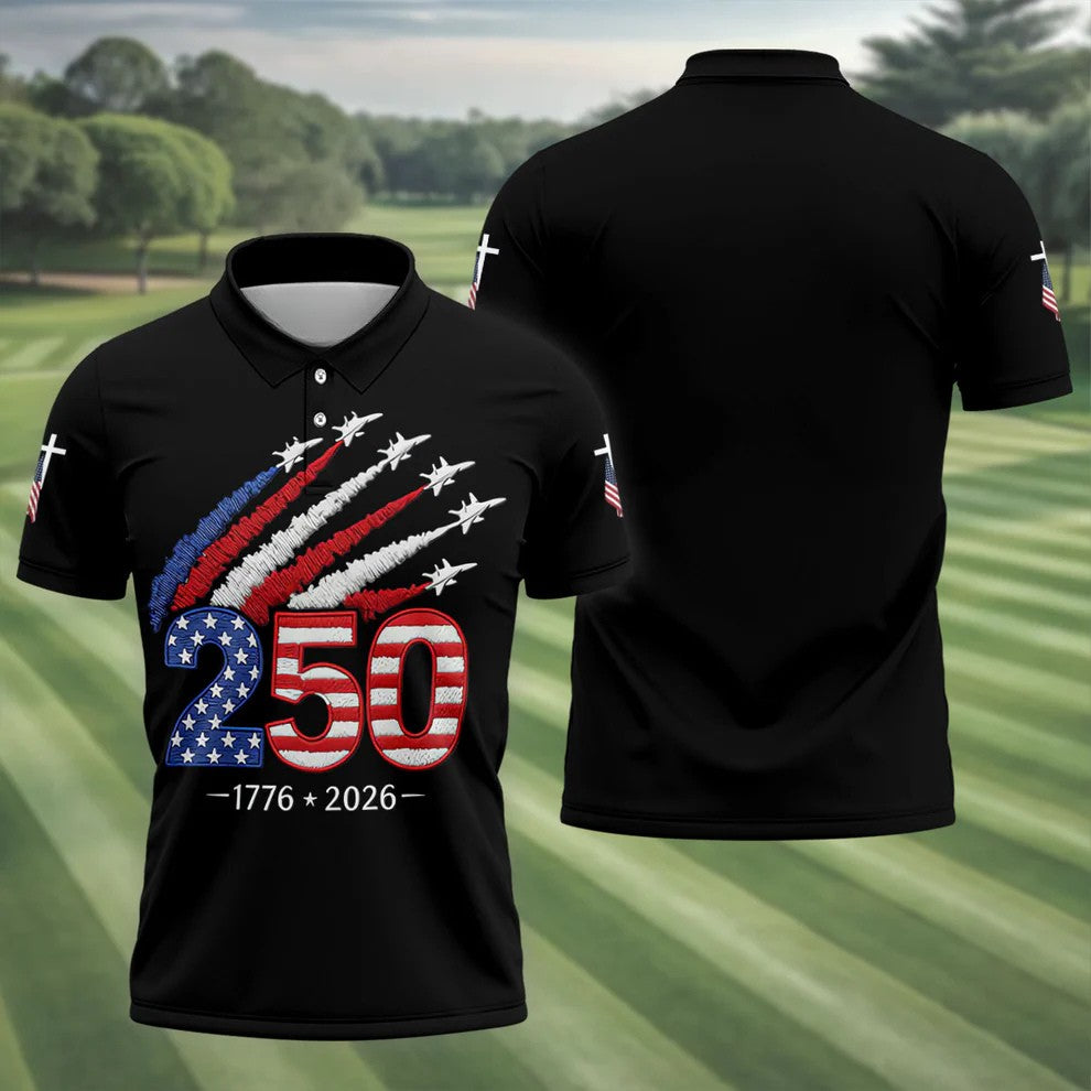 Flying Fighter Jets Faith Cross Patriotic 4th Of July Black Golf Shirt, 250 Years Golf Shirts For Men