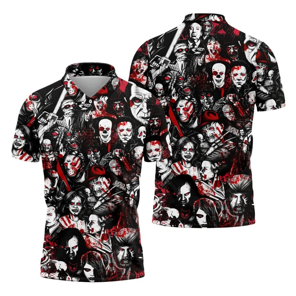 Horror Character Pattern Golf Polo Shirt, Golf Apparel For Men, Mens Polo Halloween Shirts