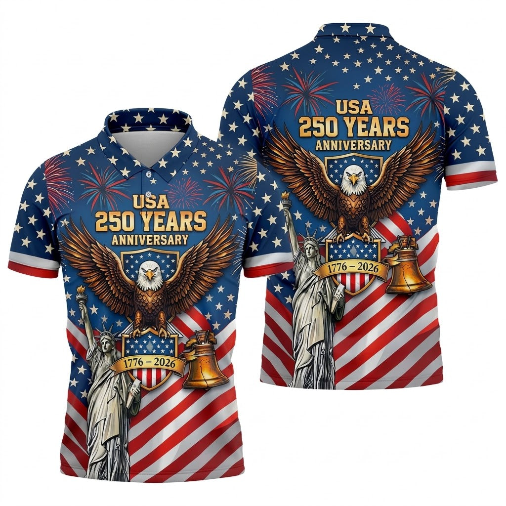 USA 250 Years Stars And Stripes Bald Eagle Golf Shirt, Patriotic 4th Of July Golf Shirts For Men