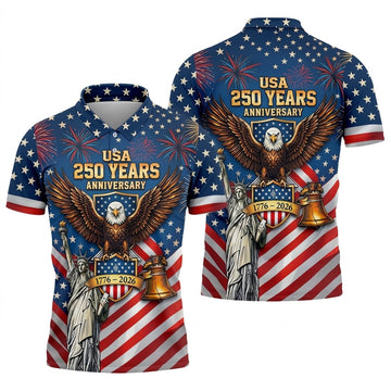 USA 250 Years Stars And Stripes Bald Eagle Golf Shirt, Patriotic 4th Of July Golf Shirts For Men
