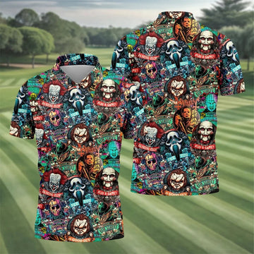 Play A Game Horror Character Golf Polo Shirt, Halloween Shirt For Men, Mens Golf Shirts