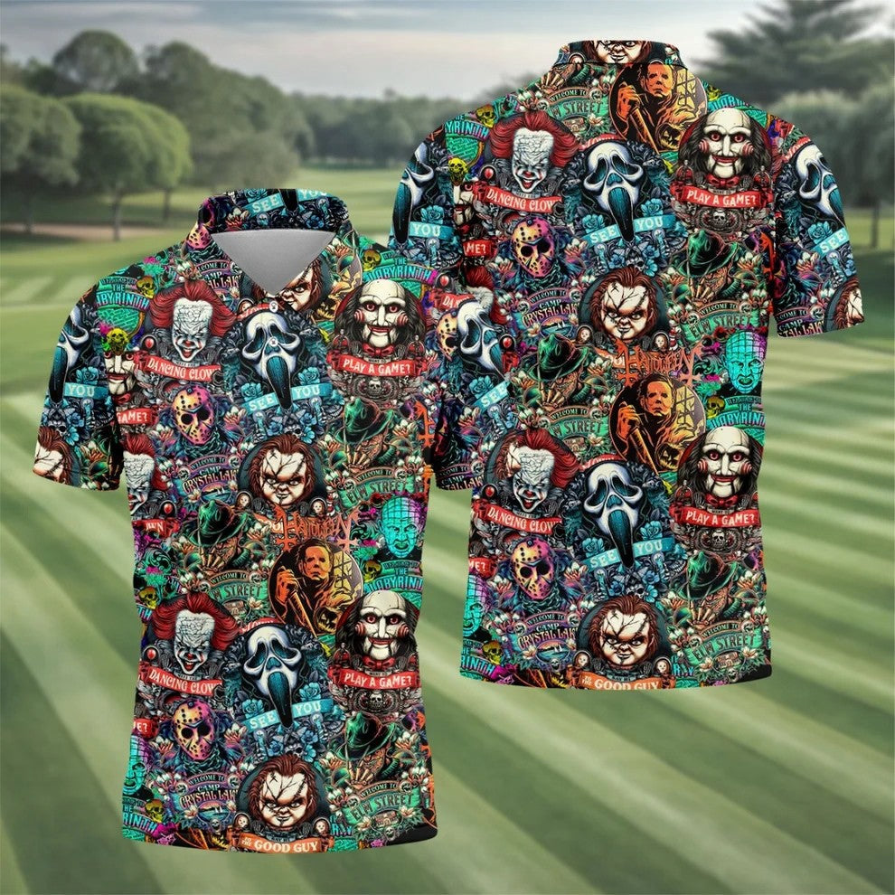 Play A Game Horror Character Golf Polo Shirt, Halloween Shirt For Men, Mens Golf Shirts