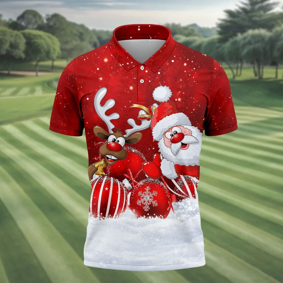 Santa Reindeer Snow Christmas Golf Shirt, Golf Shirts For Men, Golf Gifts For Men