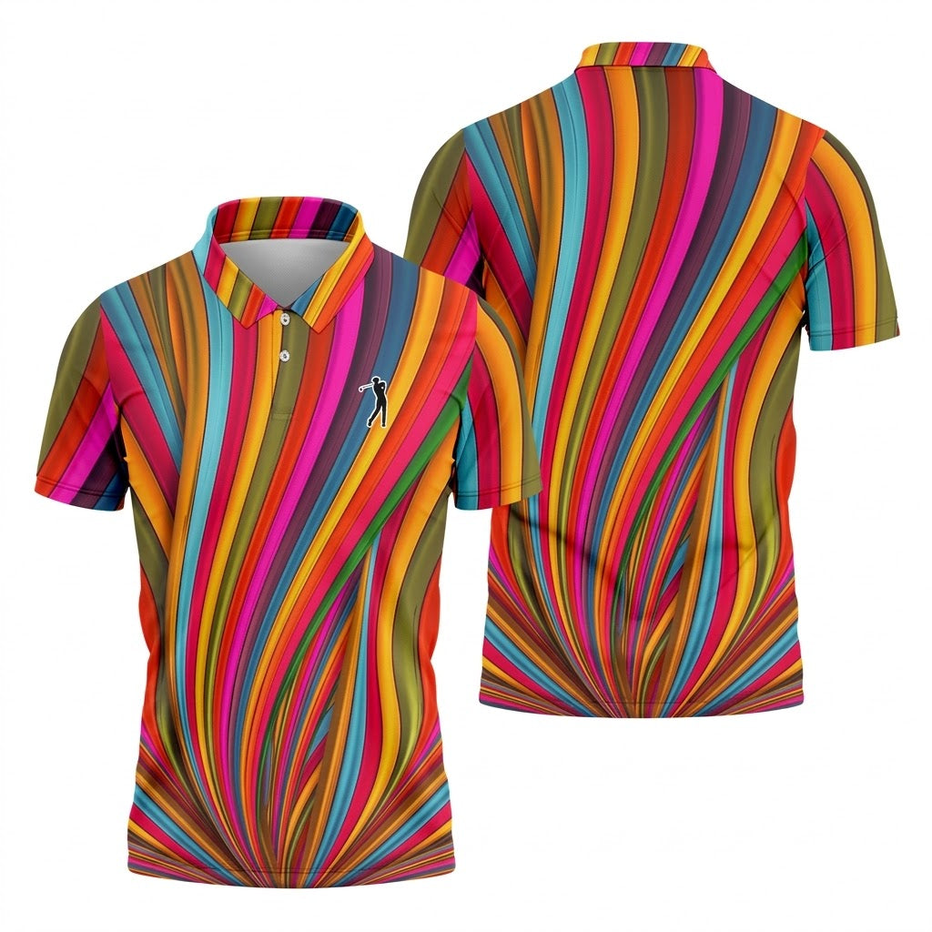 Rainbow Wave Golfer Silhouette Cinco De Mayo Celebration Fiesta Themed Golf Shirts For Men