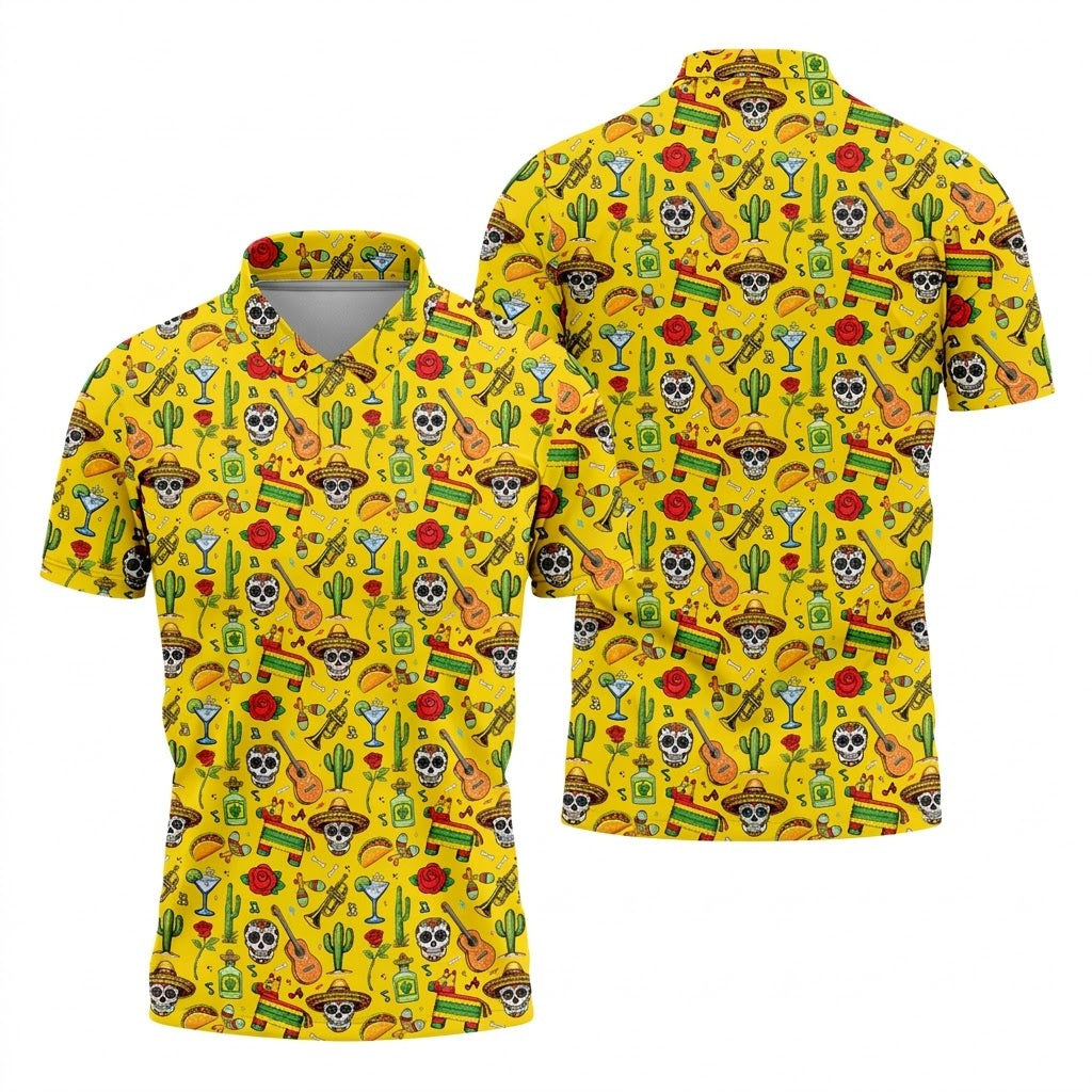 Decorated Skulls Party Items Cinco De Mayo Celebration Fiesta Themed Yellow Golf Shirts For Men