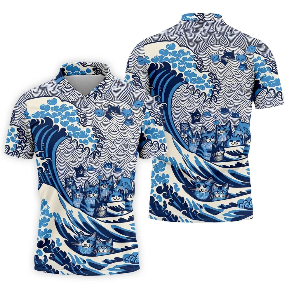 Japanese Wave Cat Hawaiian Golf Shirt, Golf Shirts For Men, Mens Golf Apparel