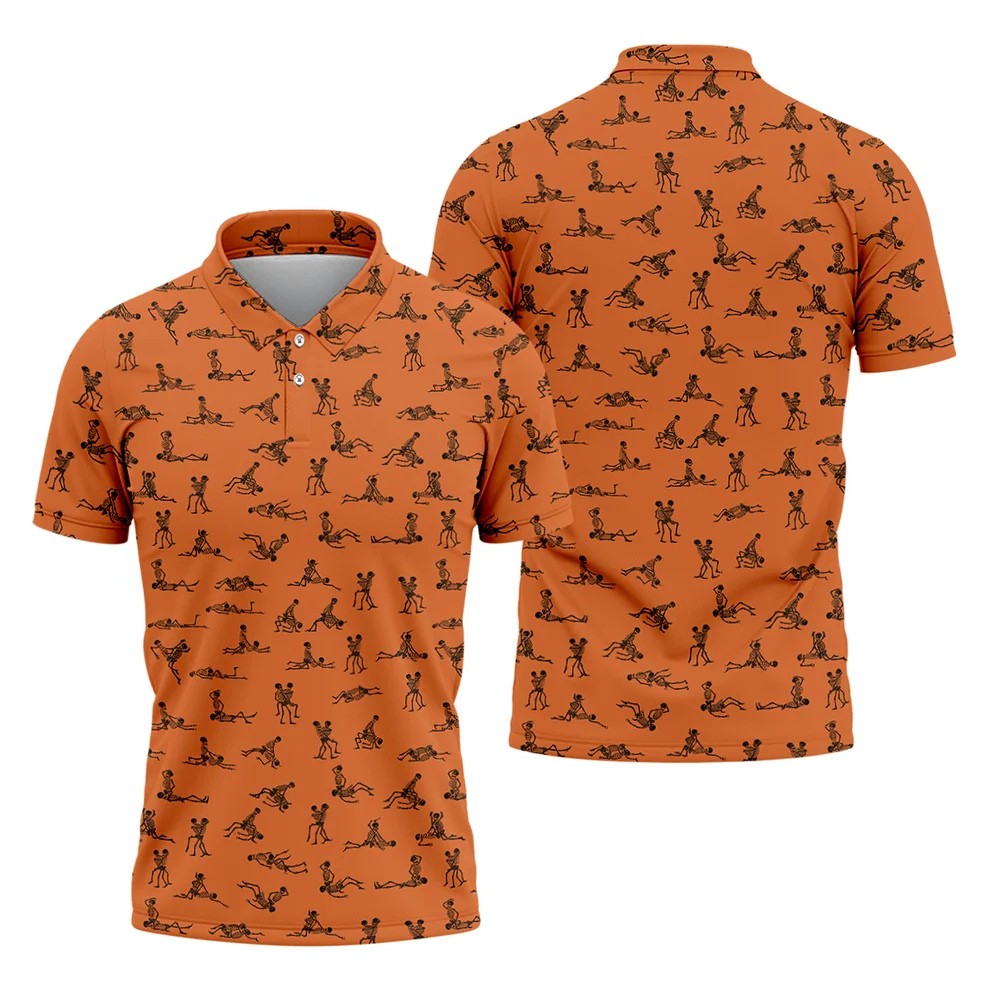 Orange And White Funny Skeleton Golf Shirt, Halloween Gift Idea, Fun Golf Shirts For Men, Polo For Men