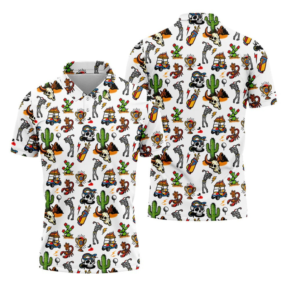 Southwestern Desert Golf Icons Pattern Polo Shirt, Mens Golf Shirts, Hawaiian Golf Shirt