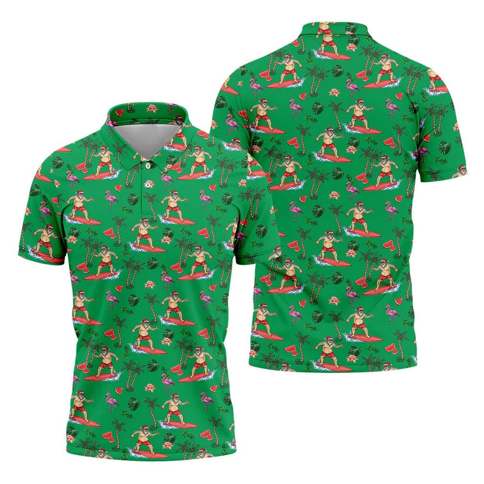 Surfing Santa Tropical Beach Golf Polo Shirt, Christmas Golf Shirt, Printed Golf Shirts, Golf Apparel For Men