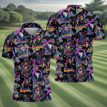 Retro Halloween Horror Character Hawaiian Golf Shirt, Men's Golf Shirt, Golf Polo Shirts For Men