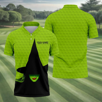 The Green Witch Golf Ball Pattern Golf Tops For Men, Spooky Vibe Men's Funny Golf Shirts, Halloween Golf Shirt