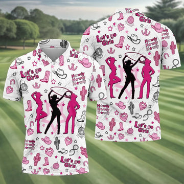 Pink Black Three Cowgirls Western Golf Polo Shirt, Mens Golf Polo, Golf Shirts For Men