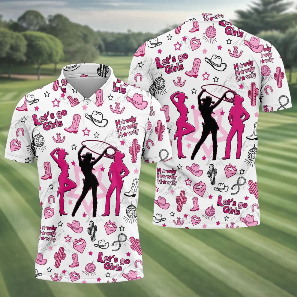Pink Black Three Cowgirls Western Golf Polo Shirt, Mens Golf Polo, Golf Shirts For Men