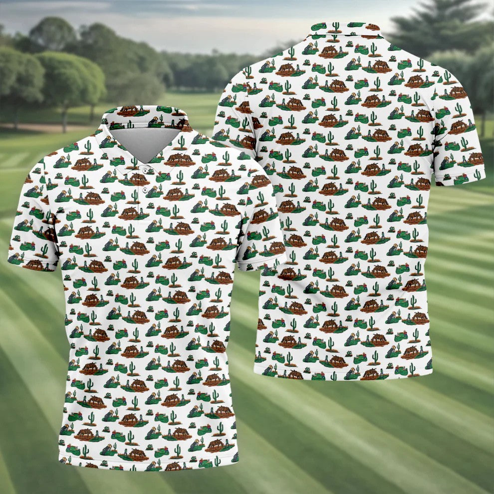 Western Golf Course Pattern Polo Shirt, Printed Golf Shirts, Golf Polo Shirts For Men