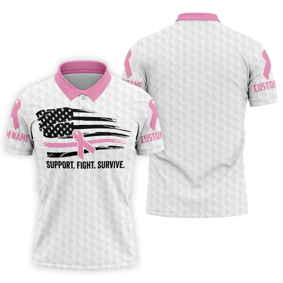 Custom Support Fight Survive Breast Cancer Polo Shirt, Men's Golf Shirt, Mens Golf Apparel