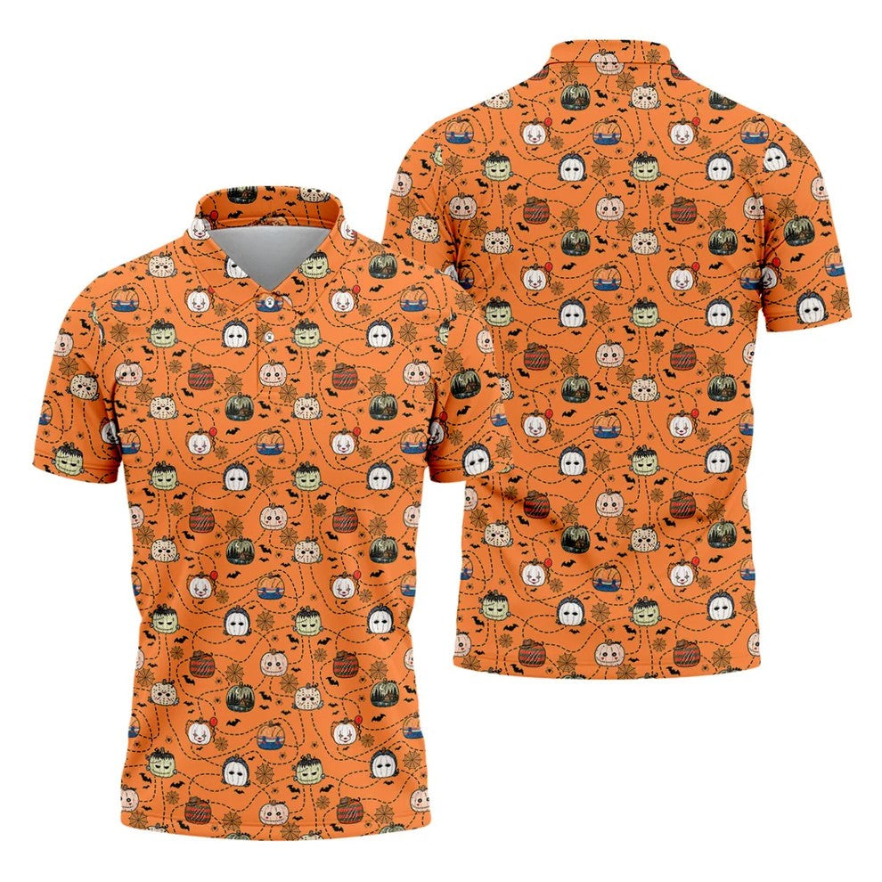 Orange Horror Character Pumpkin Pattern Golf Polo Shirt, Printed Golf Shirts, Mens Golf Polo