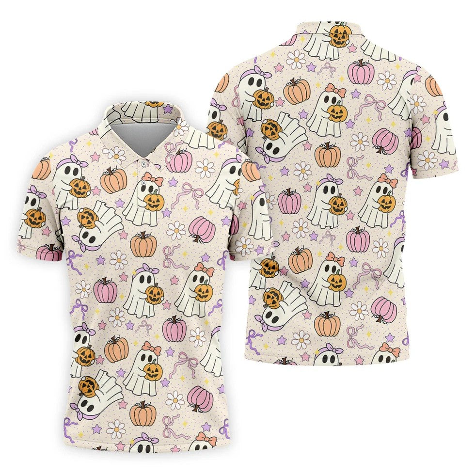 Halloween Seamless Pattern Cute Golf Shirt, Retro Halloween Polo ShirtFor Men, Golfing Apparel