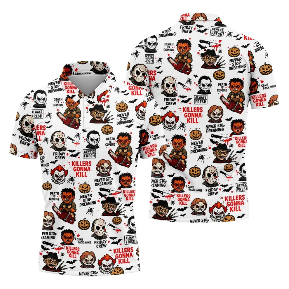 Classic Horror Characters Halloween Golf Shirt, Men's Golf Polo Shirt Horror Movie Shirt