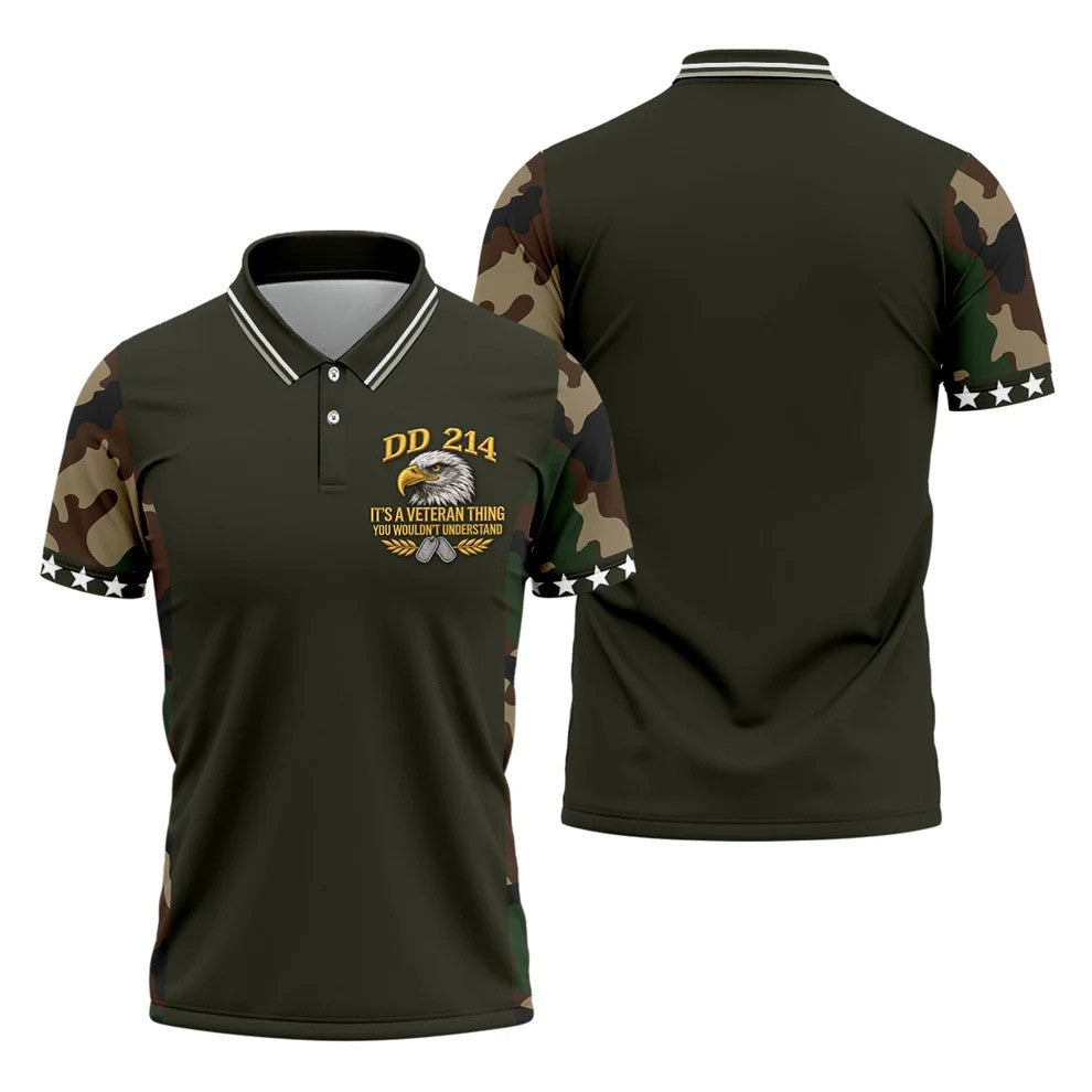 DD-214 Eagle Olive Green Camo Polo Shirt, Veterans Day Golf Shirt, Mens Golf Apparel