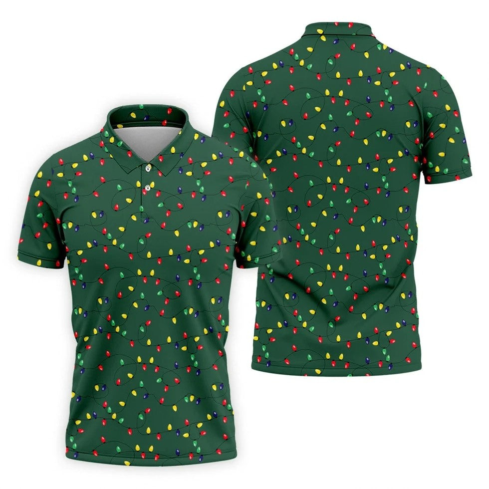 Christmas Colorful Lights Green Golf Shirt, Christmas Golf Shirt, Polo Shirts For Men, Golf Gift For Men
