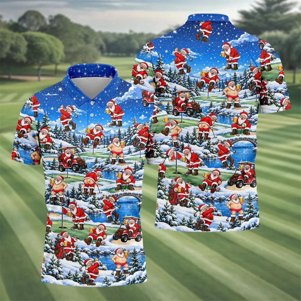 Snowy Santa Golf Pattern Christmas Golf Shirt, Funny Mens Golf Shirts, Mens Golf Polo