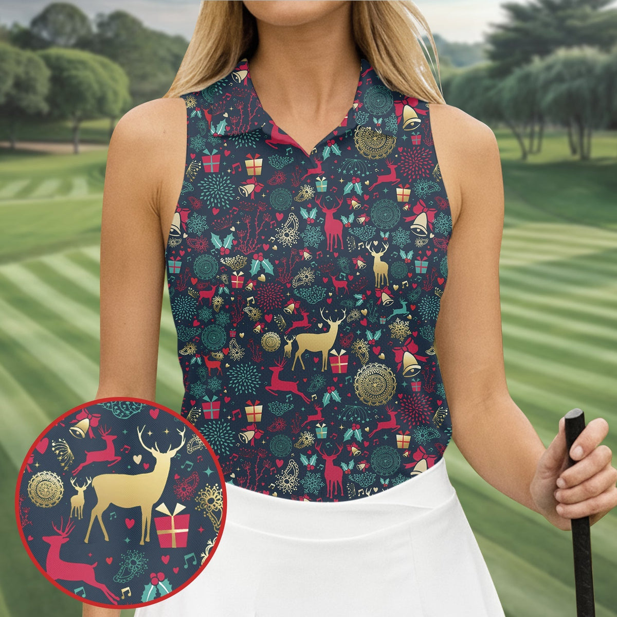Vintage Reindeer Bell Dark Navy Christmas Golf Tops For Women, Gift Christmas Golf Shirt Polos, Ladies Golf Apparel