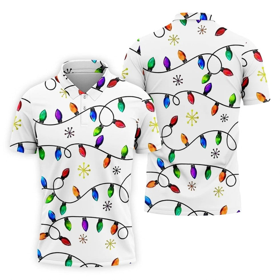 Christmas Light Print Fun Men's Golf Polos, Christmas Golf Shirt, Unique Gift For Golfer, Polo Shirts For Men