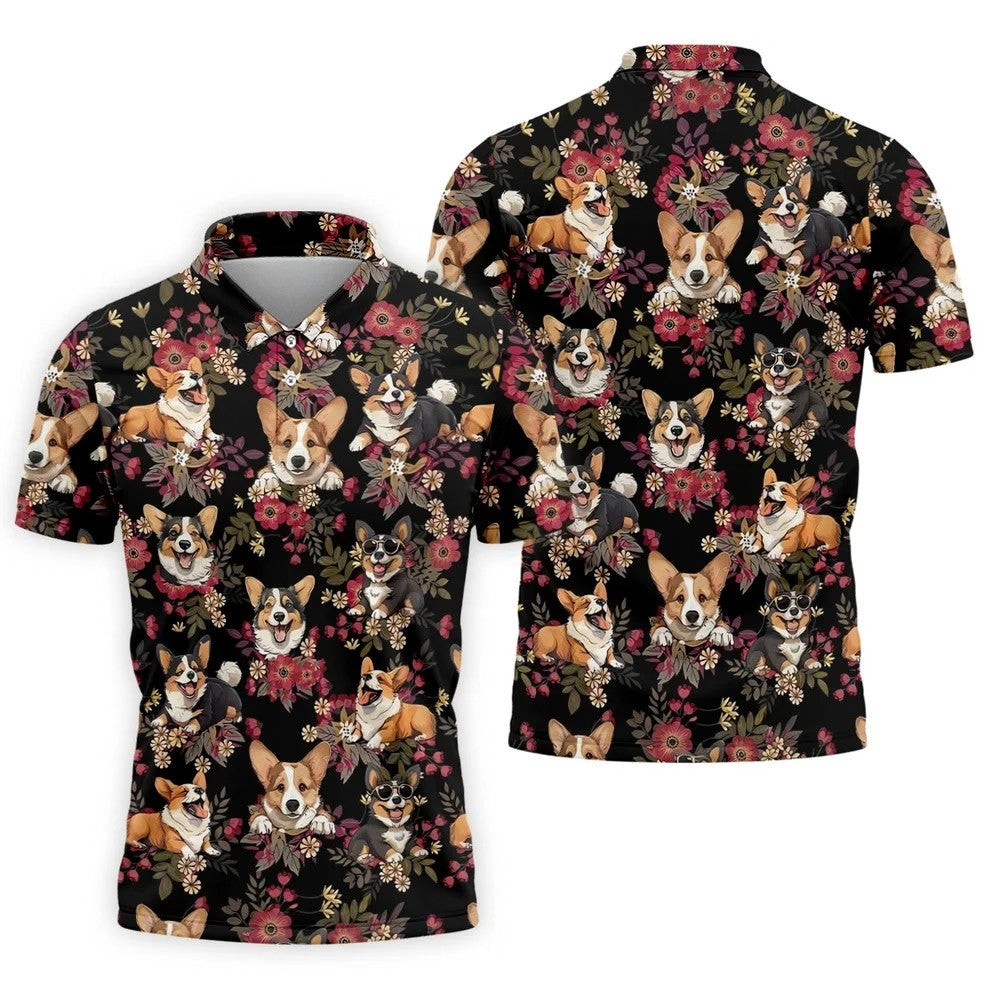 Cute Corgi Floral Hawaiian Pattern Polo Shirt, Mens Golf Polo, Funny Golf Shirt