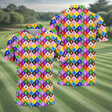 Colorful Awareness Ribbon Breast Cancer Golf Polo, Mens Golf Shirts, Printed Golf Shirts