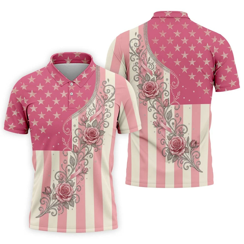 Pink Stars Stripes Rose Breast Cancer Polo Shirt, Men's Golf Shirt, Mens Golf Polo