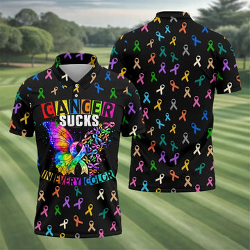 Cancer Sucks In Every Color Breast Cancer Polo Shirt, Golf Shirts For Men, Mens Golf Polo