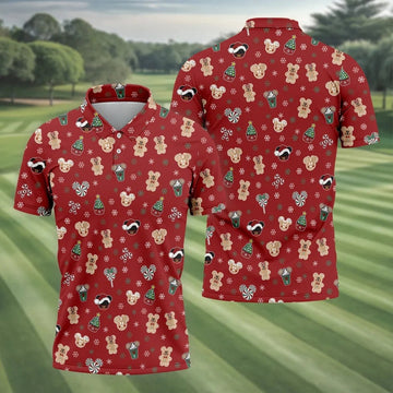 Christmas Gingerbread Red Golf Shirt, Holiday Pattern Christmas Golf Shirt, Polo Shirts For Men